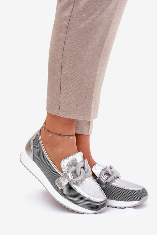 Skórzane Mokasyny Damskie Z Ozdobą D&A LR51-966 Srebrne