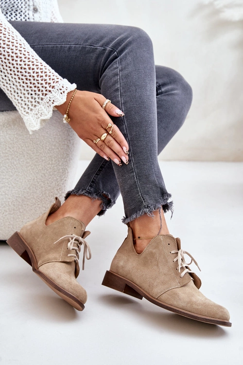 Zazoo 2959 Zamszowe Półbuty Oksfordki Sznurowane Na Płaskim Obcasie Beżowe