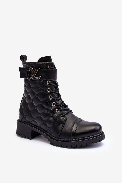 Skórzane Botki Workery Z Ozdobą Czarne Davo