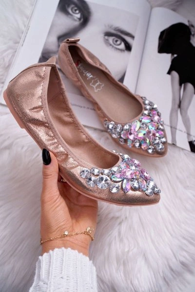 Skórzane Baleriny z Kamieniami Różowe Złoto Crystal