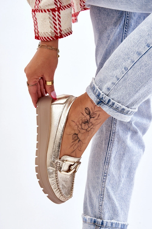 Zazoo 10141 Skórzane Mokasyny Na Platformie Z Ozdobą Złote