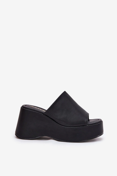 Eko Skórzane Klapki Damskie Na Platformie I Koturnie Czarne Kisoffi