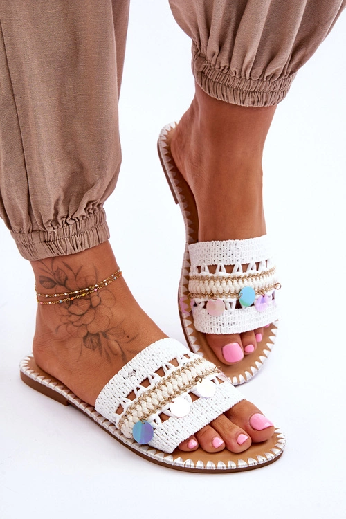 Damskie Plecione Zdobione Klapki Białe Millano