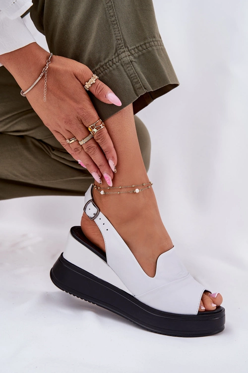 Skórzane Damskie Sandały Na Koturnie Artiker 52C0483 Białe