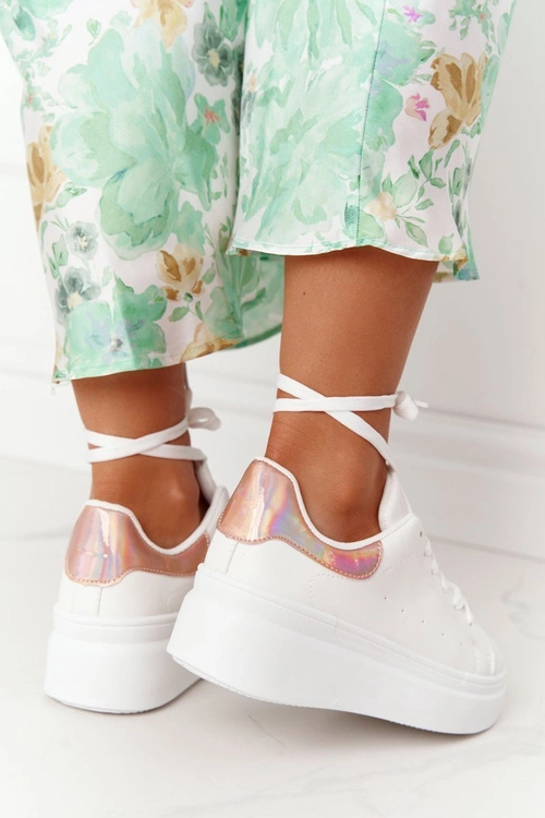 Sportowe Buty Sneakersy Na Platformie Biało-Złote Shine Bright