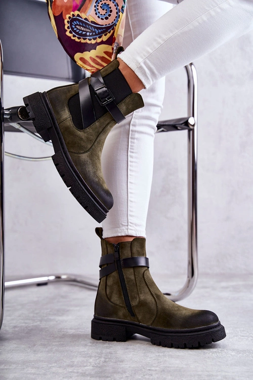 Damskie Ocieplane Botki Sztyblety Z Paskiem Zielone Jose