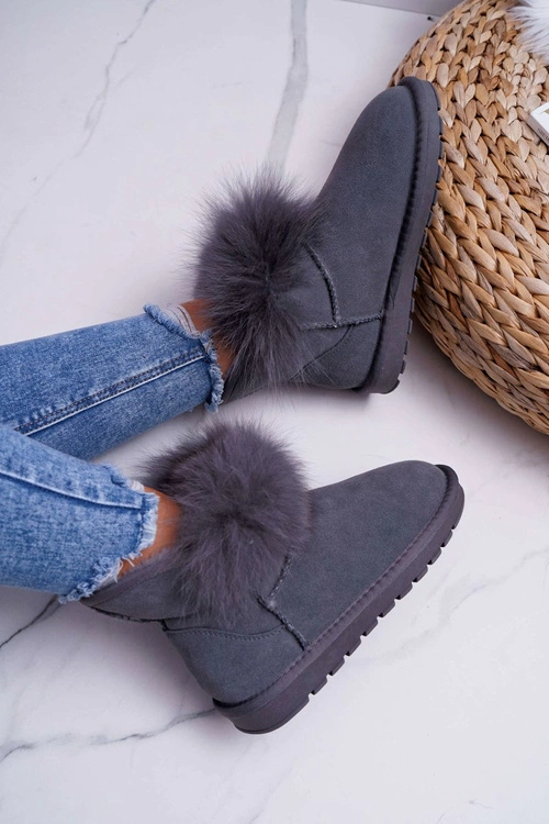 Damskie Botki Śniegowce Ocieplane Futerkiem Skóra Zamsz Szare Memento