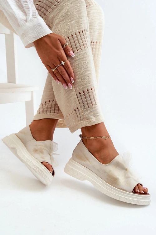 Zazoo 2939 Skórzane Sandały Damskie Z Kokardką Złoty Przecierany