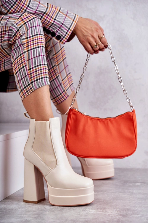 Damskie Skórzane Botki Na Masywnym Obcasie Beżowe Jones