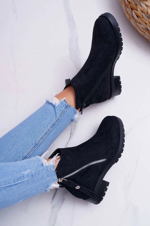 Botki Damskie Ciepłe Zamszowe Dwa Suwaki Czarne Ohoo