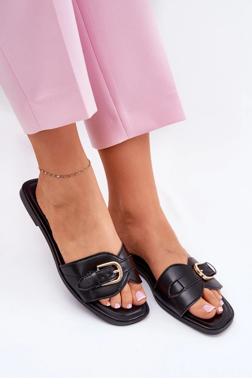 Płaskie Klapki Damskie Ze Złotą Klamrą Czarne Esiobb