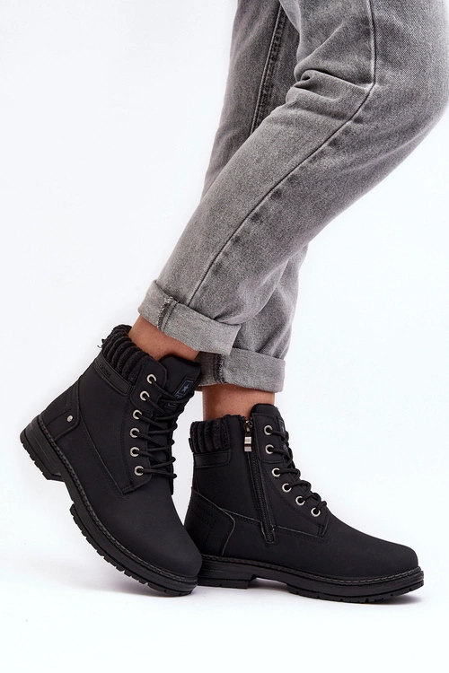 Damskie Skórzane Trapery Ocieplane Czarne Katalis