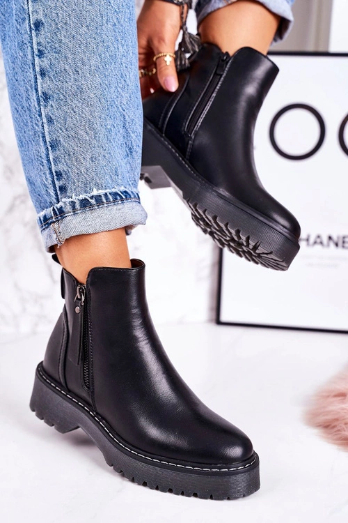 Damskie Ocieplane Botki Na Gumowej Podeszwie Czarne Moon Walk