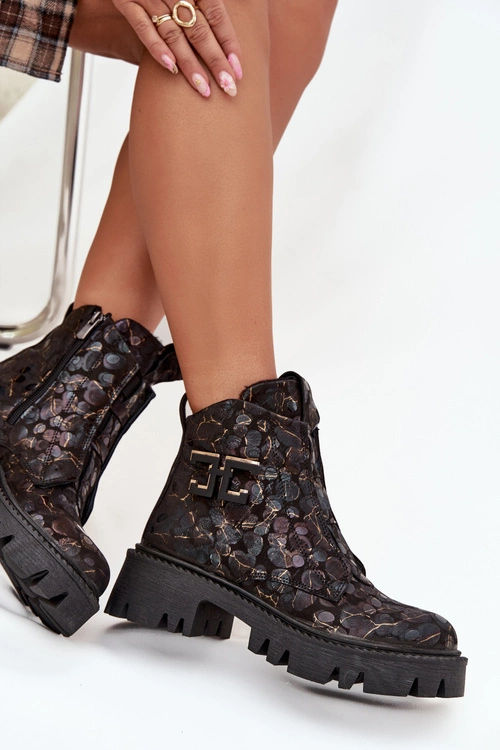 Skórzane Botki Damskie Z Ozdobą Ocieplane Artiker 57C2084 Czarno-Złote