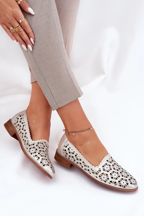 Skórzane Ażurowe Mokasyny Damskie S.Barski LR51-646 Złote