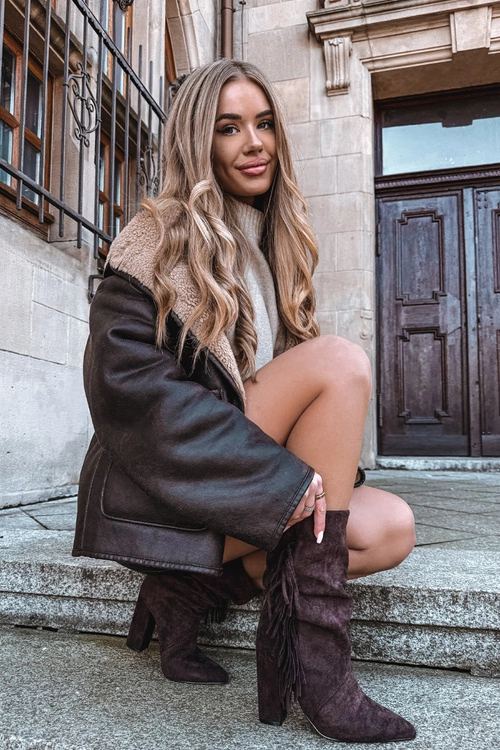 Botki Damskie Na Słupku Z Frędzlami I Marszczeniem Ocieplane Czekoladowe Darlina