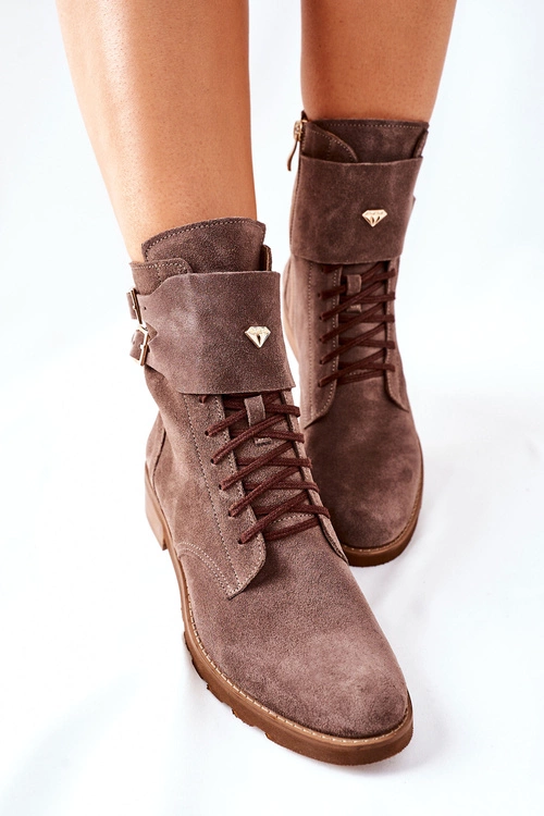 Damskie Skórzane Welurowe Botki Nicole 2682 Brązowe