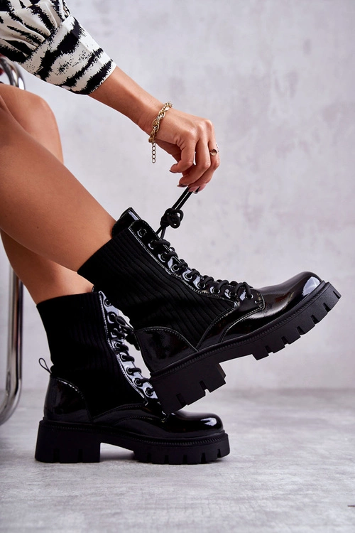 Damskie Lakierowane Workery Botki Ze Skarpetą Czarne Abigail