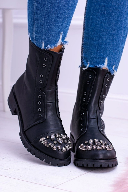 Lu Boo | Czarne Damskie Botki Za Kostkę z Cyrkoniami Carrie