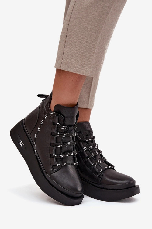 Skórzane Botki Damskie Na Platformie Ocieplane Artiker 55C0809 Czarne