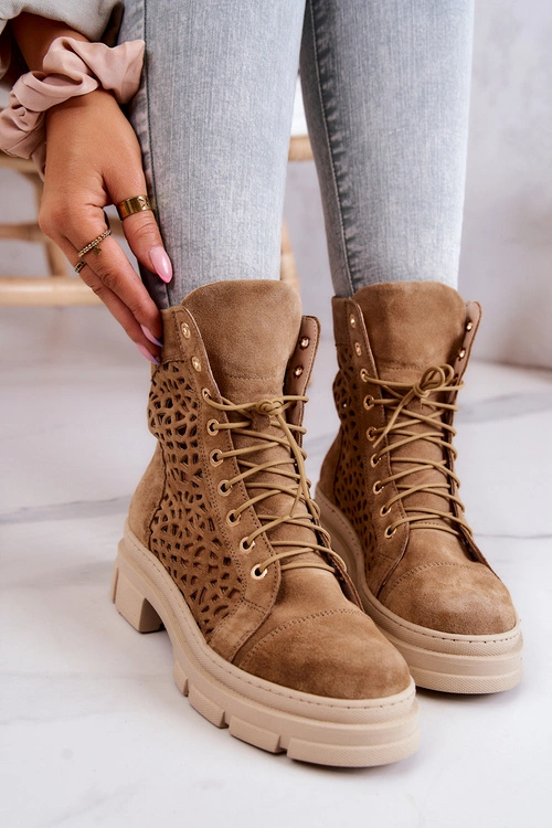 Zamszowe Ażurowe Botki Camel Aileen