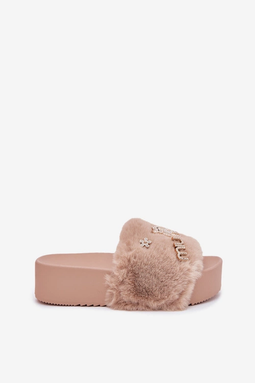 Klapki Damskie Na Platformie Z Futerkiem I Złotymi Przypinkami Beżowe Livira