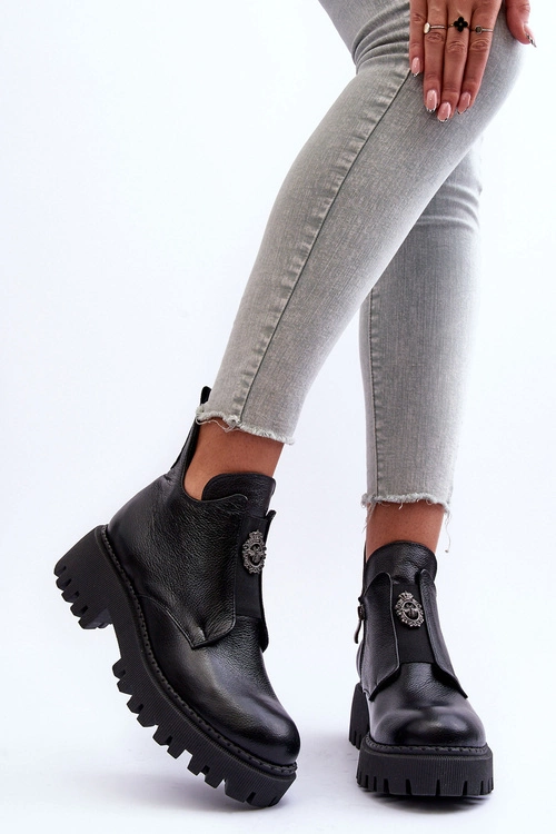 Damskie Skórzane Botki Z Ozdobą Czarne Lemar Lusanna