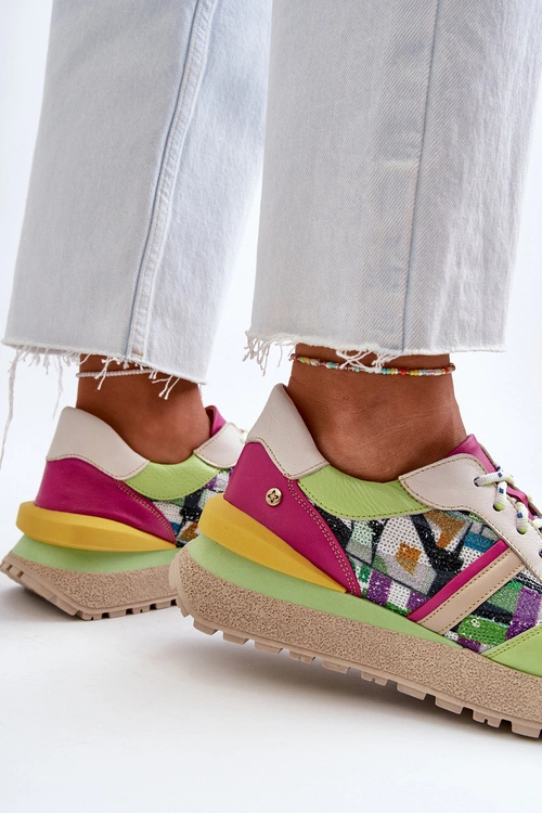 Sneakersy Damskie Skórzane Na Platformie Maciejka 06322-09 Zielono-Różowe
