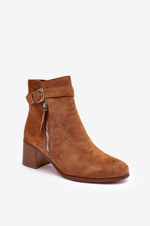 Zamszowe Botki Na Obcasie Z Klamrą Brązowe Bronte