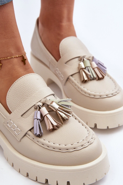 Damskie Skórzane Mokasyny Z Frędzlami CheBello 3096 Beżowe