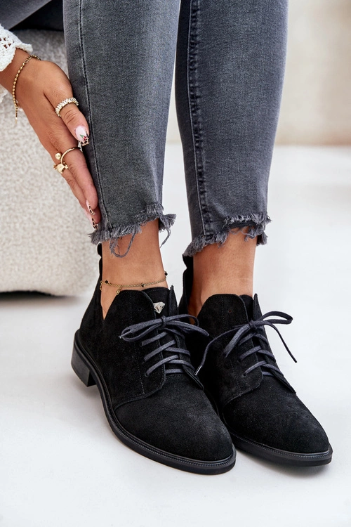 Zazoo 2959 Zamszowe Półbuty Oksfordki Sznurowane Na Płaskim Obcasie Czarne