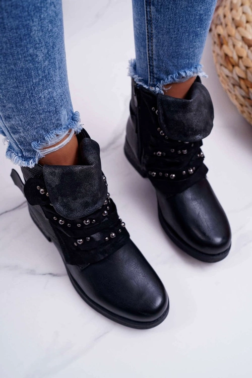 Damskie Botki Płaski Obcas Ciepłe Czarne Debra