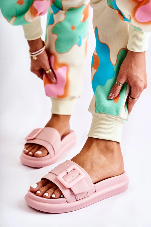 Damskie Skórzane Klapki Z Klamrą Różowe Devia