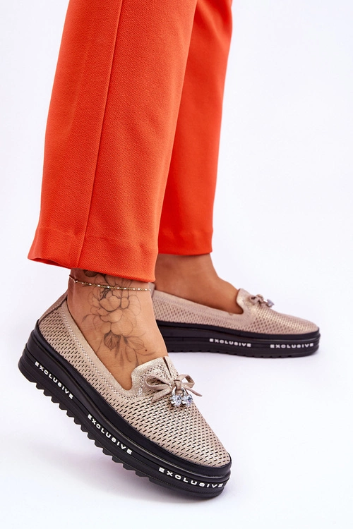 Damskie Wsuwane Skórzane Trampki Błyszczące Złote Raven