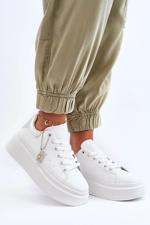 Damskie Buty Sportowe Na Masywnej Platformie Biało-Srebrne Mariell