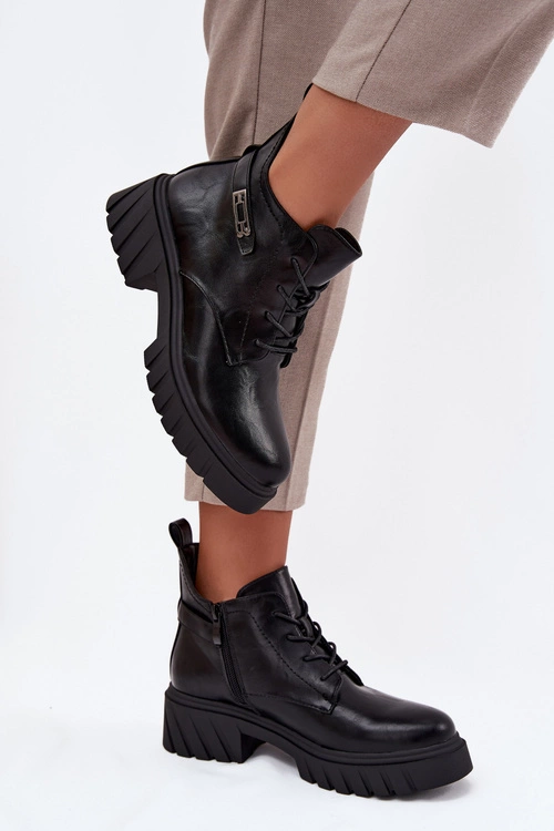 Niskie Ocieplane Botki Damskie Na Klocku Z Ozdobnym Paskiem Czarne Therisse