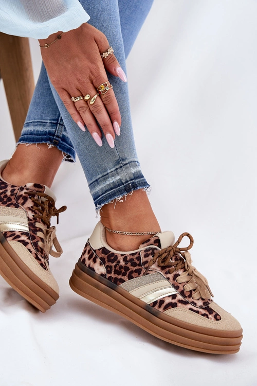 Sneakersy Damskie Na Platformie Z Podwójnym Sznurowaniem Panterka Beżowe Niteria
