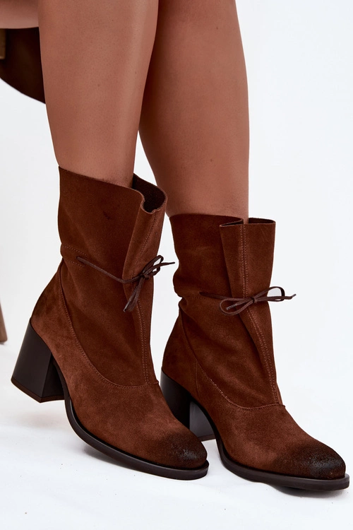 Skórzane Zamszowe Botki Damskie Na Słupku Zazoo 1151 Brązowe