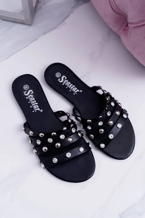 Czarne Damskie Klapki z Dżetami Kryształy Fergo