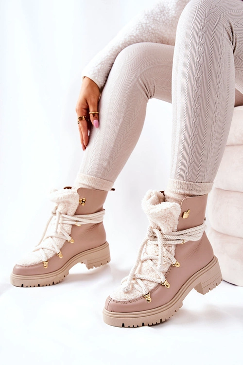 Skórzane Botki Trapery Wiązane Lewski Beżowe 3116