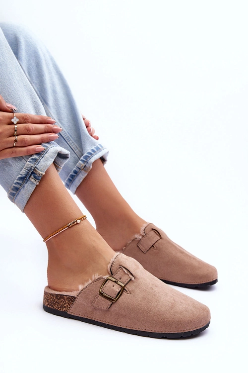 Zamszowe Klapki Damskie Z Futerkiem Beżowe Haidamia