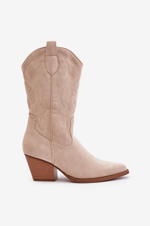 Damskie Kozaki Kowbojki Na Słupku Z Eko Zamszu Jasnobeżowe Wendlis