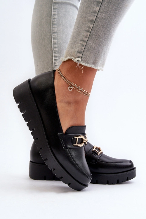 Mokasyny Damskie Na Platformie Z Ozdobą Czarne Kaldina