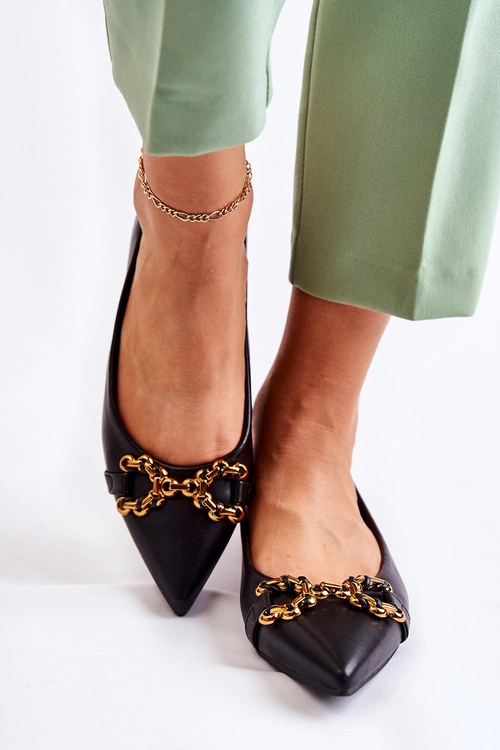 Damskie Skórzane Baleriny W Szpic Z Ozdobą Czarne Carlos