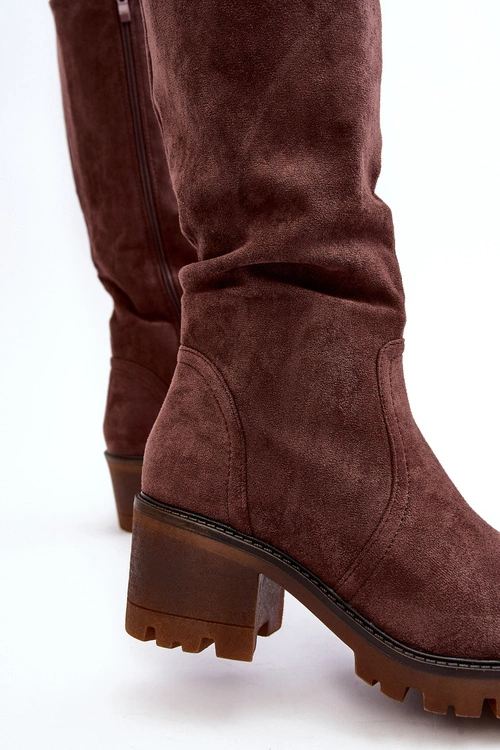 Kozaki Damskie Przed Kolano Na Niskim Obcasie Ciemnobrązowe Beveta