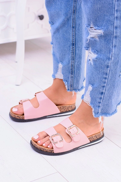 Damskie Różowe Klapki Z Klamrami Na Korku Ferone