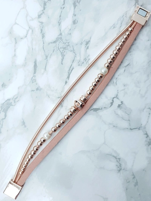 Damska Bransoleta Z Koralikami I Cyrkoniami Różowa Bella