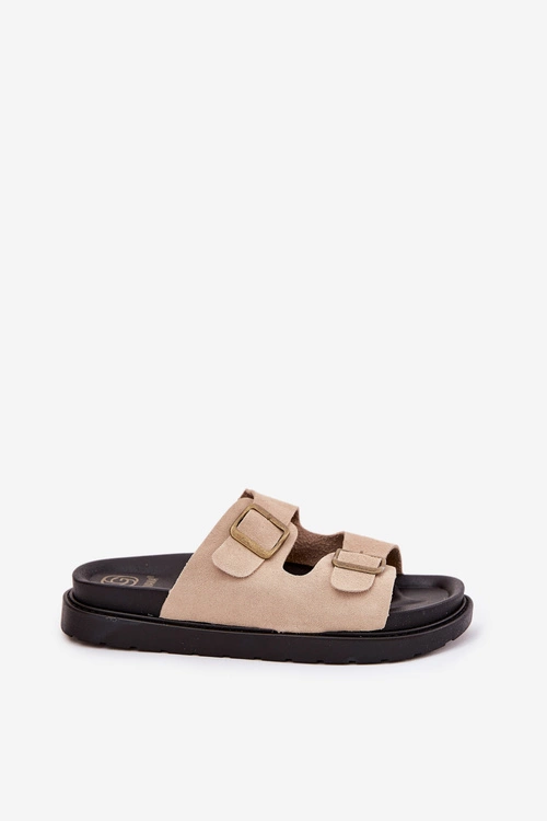 Klapki Damskie Na Platformie Z Klamrami Beżowe Simbes