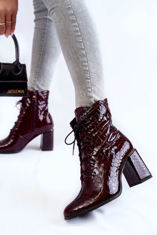 Damskie Lakierowane Botki Na Obcasie Krokodyli Wzór Bordowe Alva
