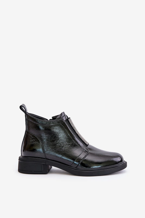 Skórzane Lakierowane Niskie Botki Ze Zdobieniem Na Zamek D&A MR880-142 Czarne